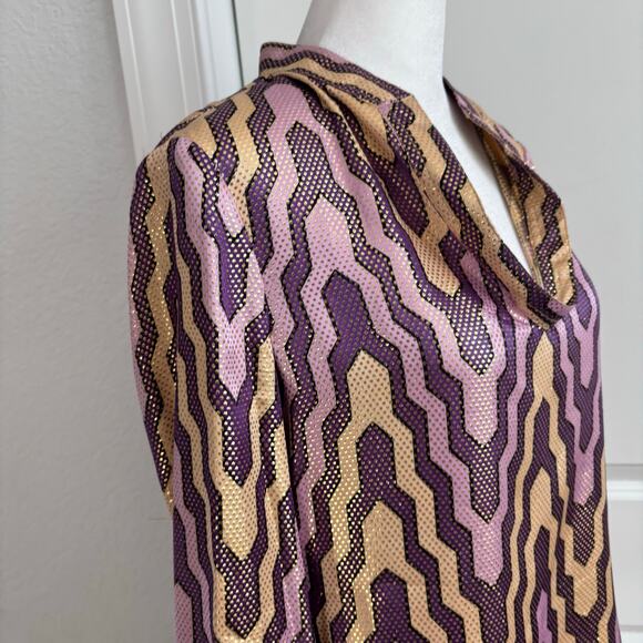 $325 Tory Burch STEPHANIE Silk Metallic Tunic Blouse Top Purple Gold 4 - Picture 7 of 13
